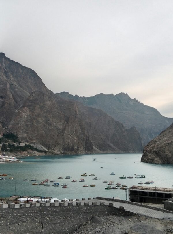 Beautiful landscape of Attabad Lake surrounded by mountains in Hunza Nagar, Pakistan.